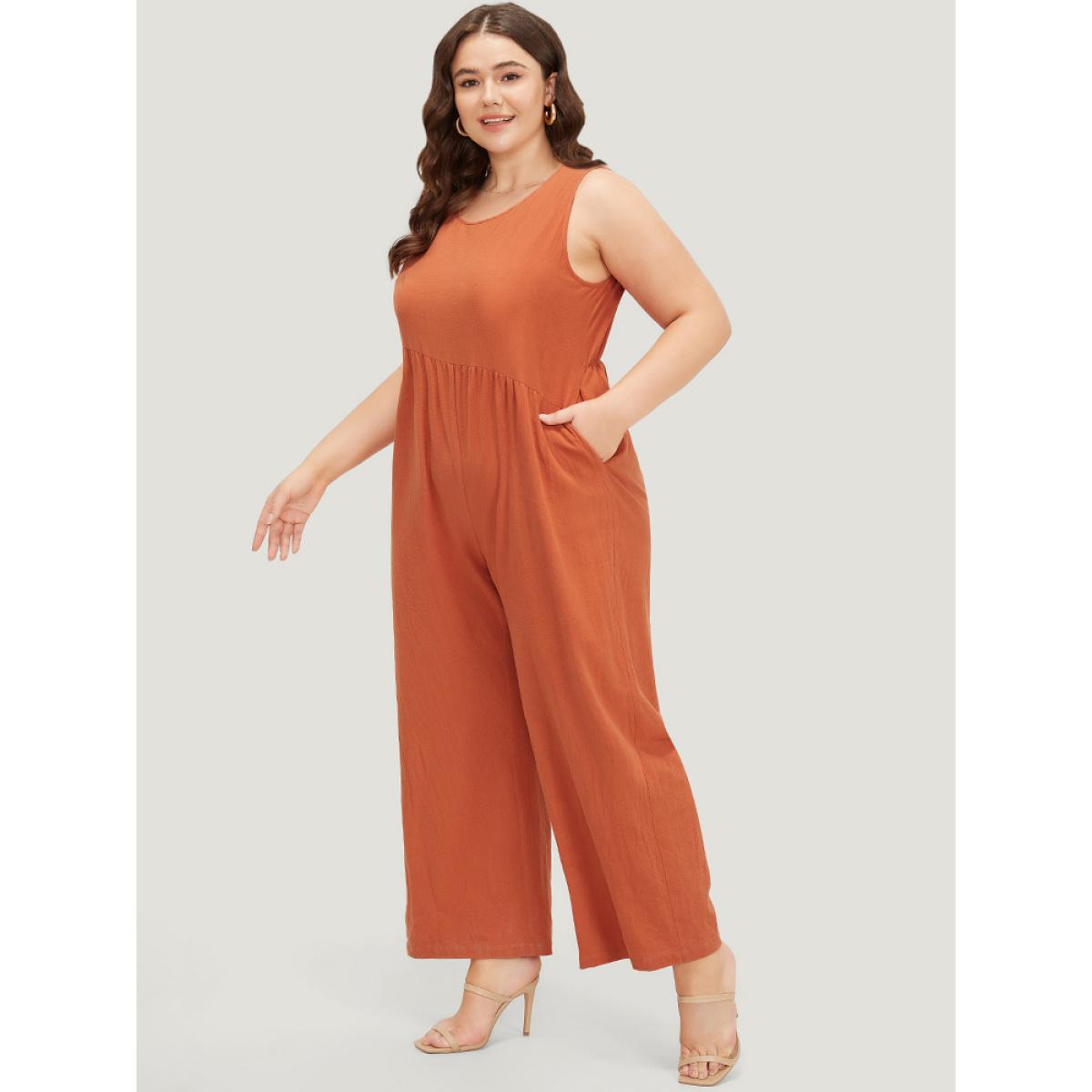 Plus Size OrangeRed Plain Pocket Zipper Patchwork Tank Jumpsuit Women Casual Sleeveless Round Neck Dailywear Loose Jumpsuits BloomChic 22-24/3X Product Image