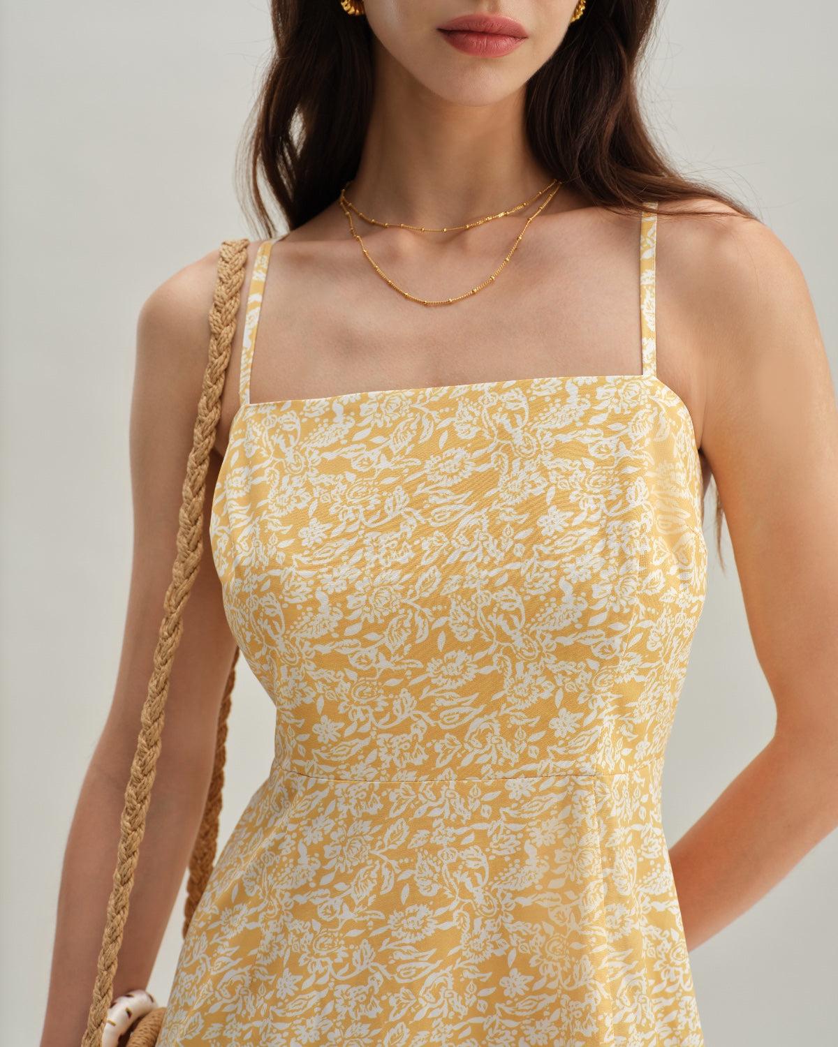 Yellow Floral Backless Slip Midi Dress Product Image