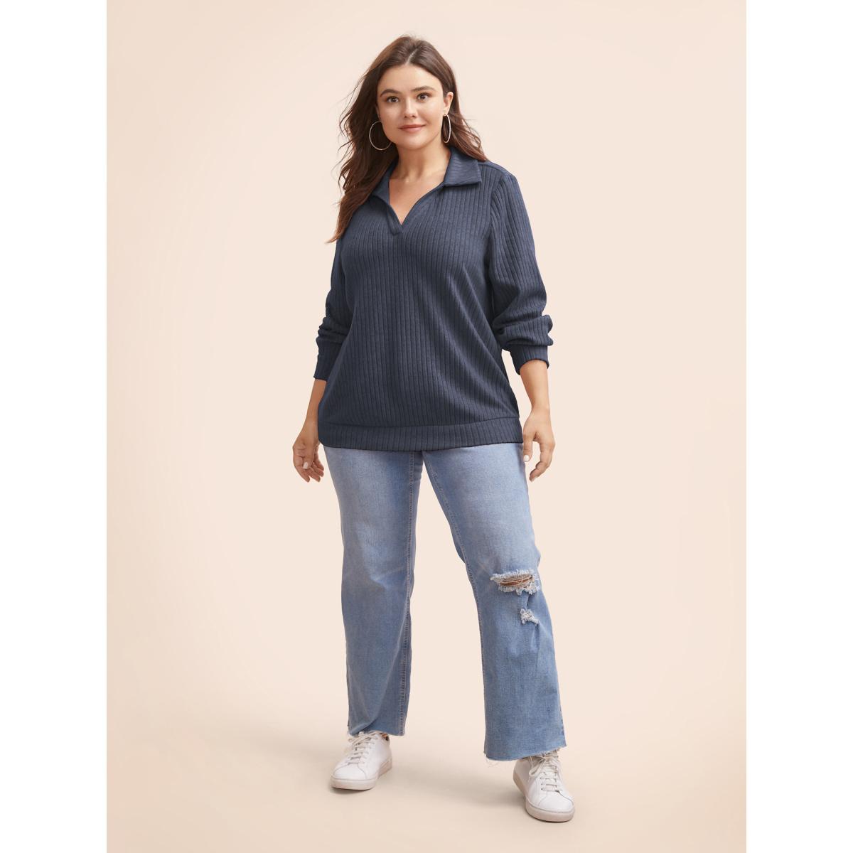 Plus Size Solid Pit Strip Stretch Sweatshirt Women Indigo Leisure Texture V-neck Casual Sweatshirts BloomChic 30/6X Product Image