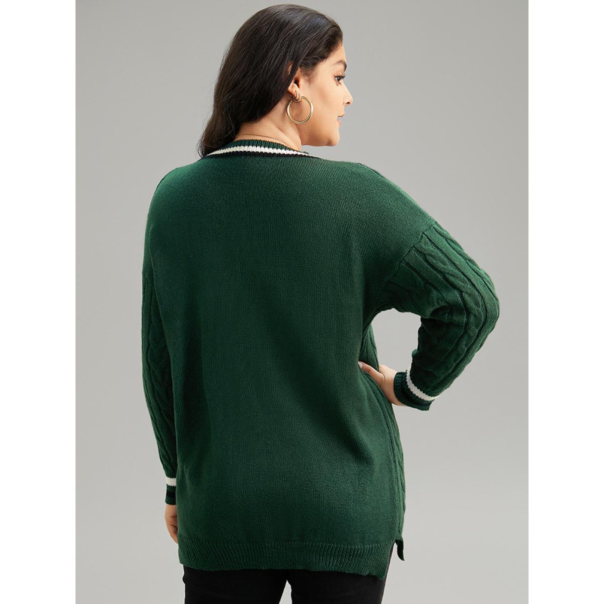 Plus Size Cable Knit Contrast Trim Drop Shoulder Pullover DarkGreen Women Casual Loose Long Sleeve V-neck Dailywear Pullovers BloomChic 22-24/3X Product Image