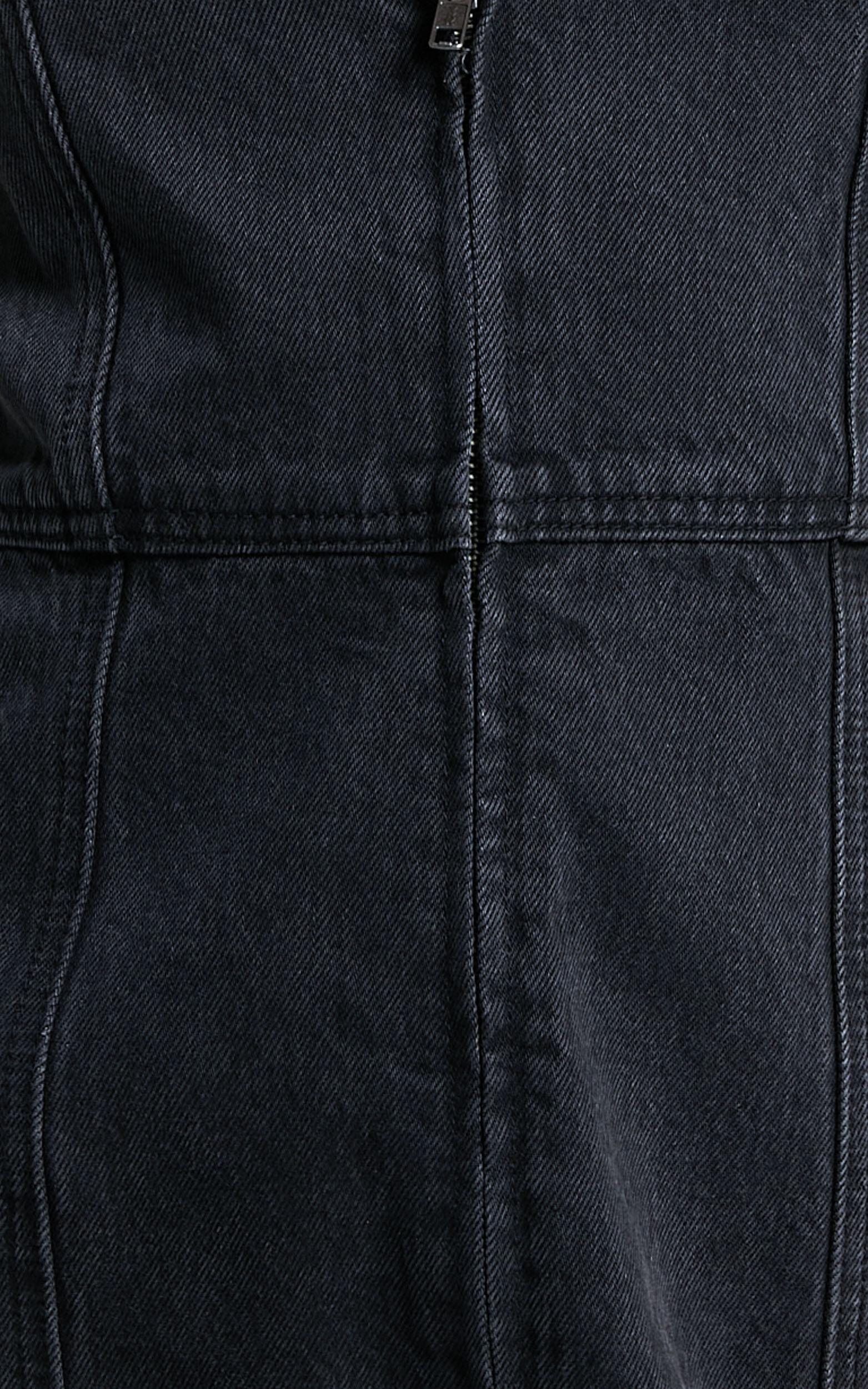 Chrysoula Mini Dress - Square Neck Zip Front Sleeveless Bodycon Denim in Washed Black Product Image