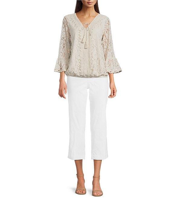 Ali Miles Woven Lace V-Neck 3/4 Flounce Sleeve Tie-Front Tunic Product Image