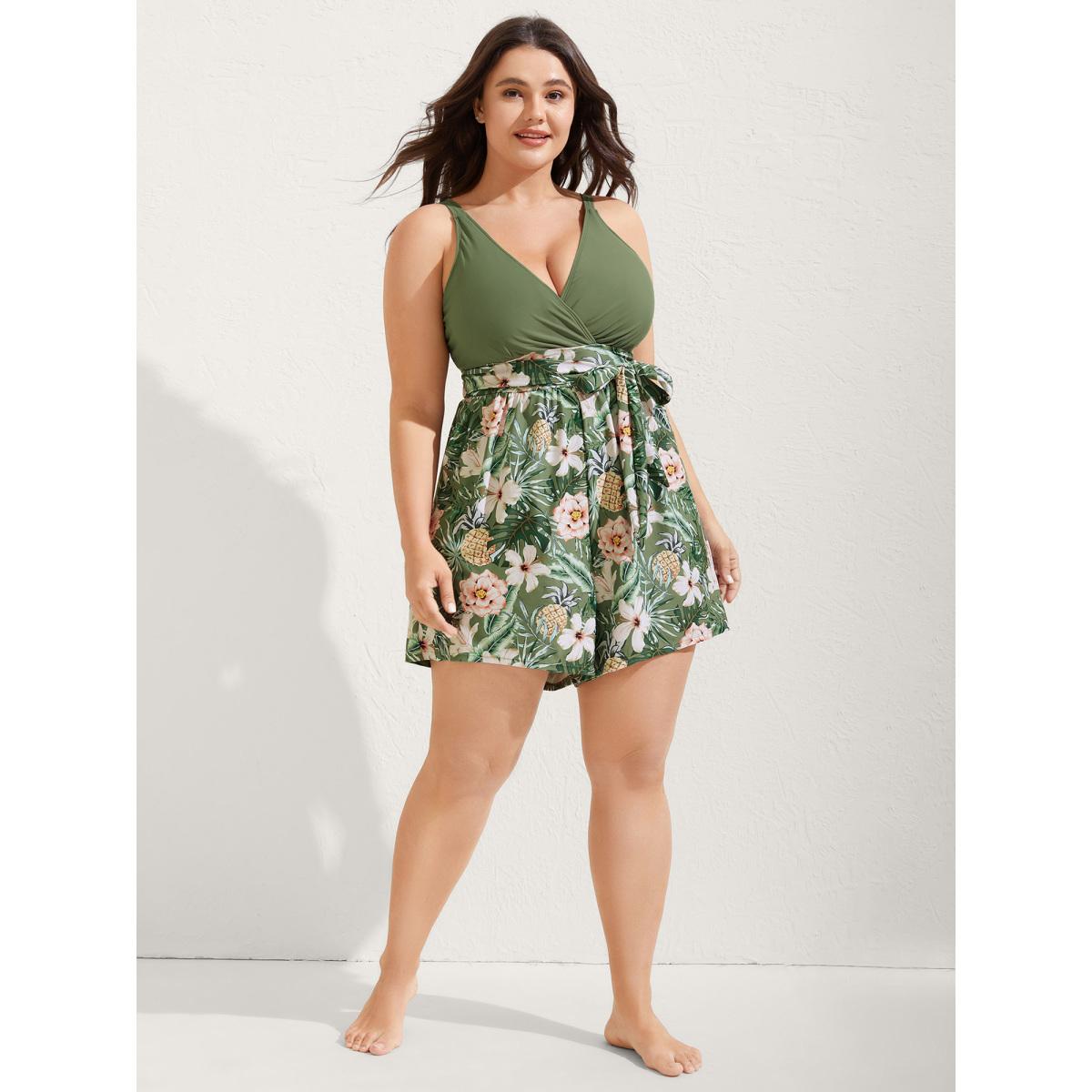 Plus Size Tropical Floral Pockets One-Piece Swimsuit Women's Swimwear ArmyGreen Resort Tie knot Curve Bathing Suits High stretch One Pieces BloomChic 26/4X Product Image