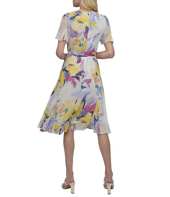 DKNY by Donna Karan Woven Floral Print Crew Neck Short Sleeve Fit and Flare Dress Product Image