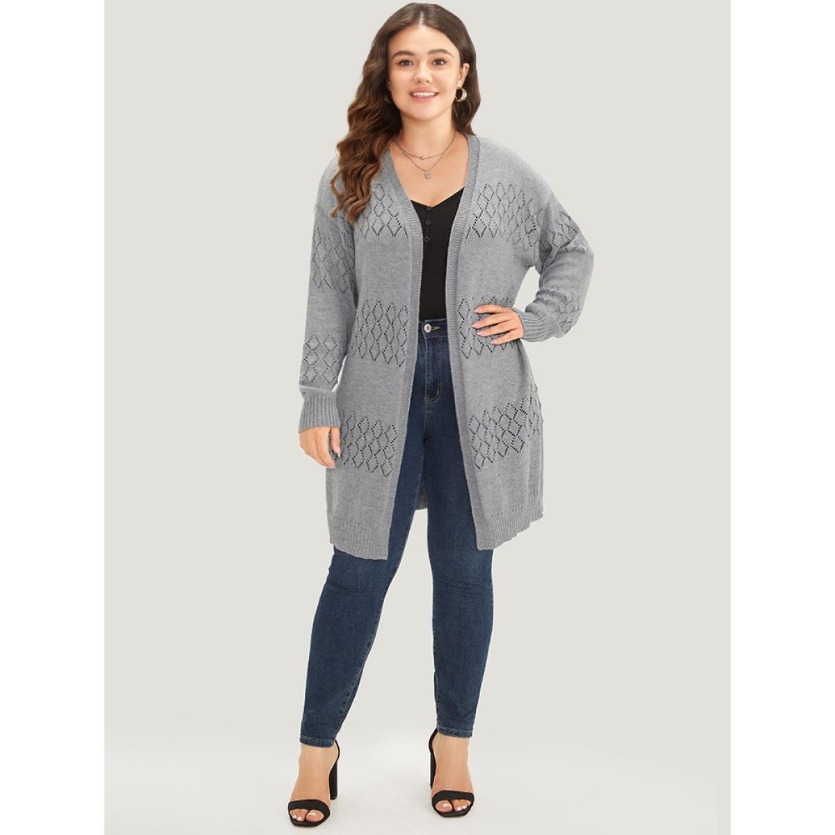 Plus Size Geometric Eyelet Elastic Cuffs Tunic Cardigan DarkGray Women Casual Loose Long Sleeve Dailywear Cardigans BloomChic 26/4X Product Image