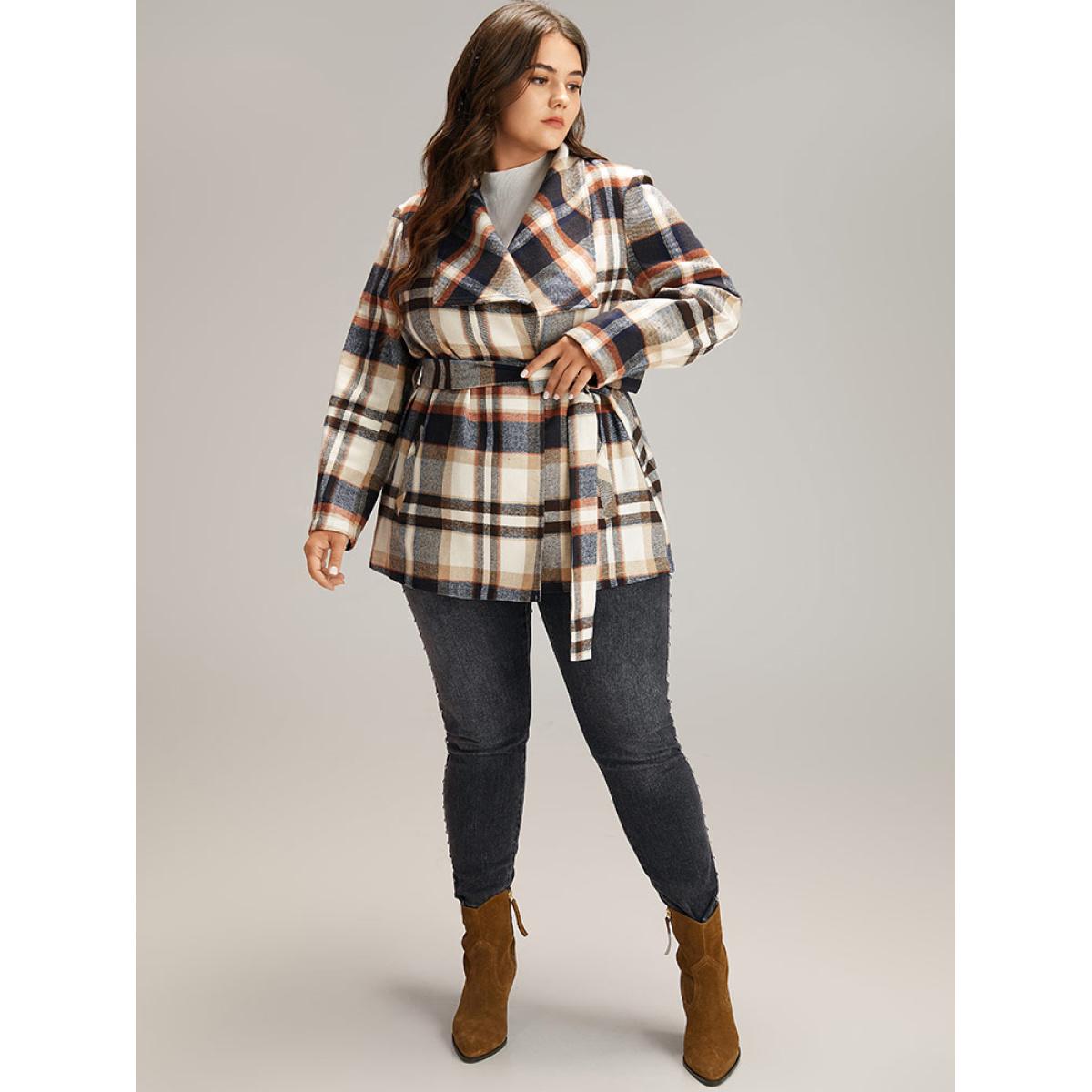 Plus Size Plaid Belted Lapel Collar Pocket Coat Women Tan Casual Belted Ladies Dailywear Winter Coats BloomChic 28/5X Product Image