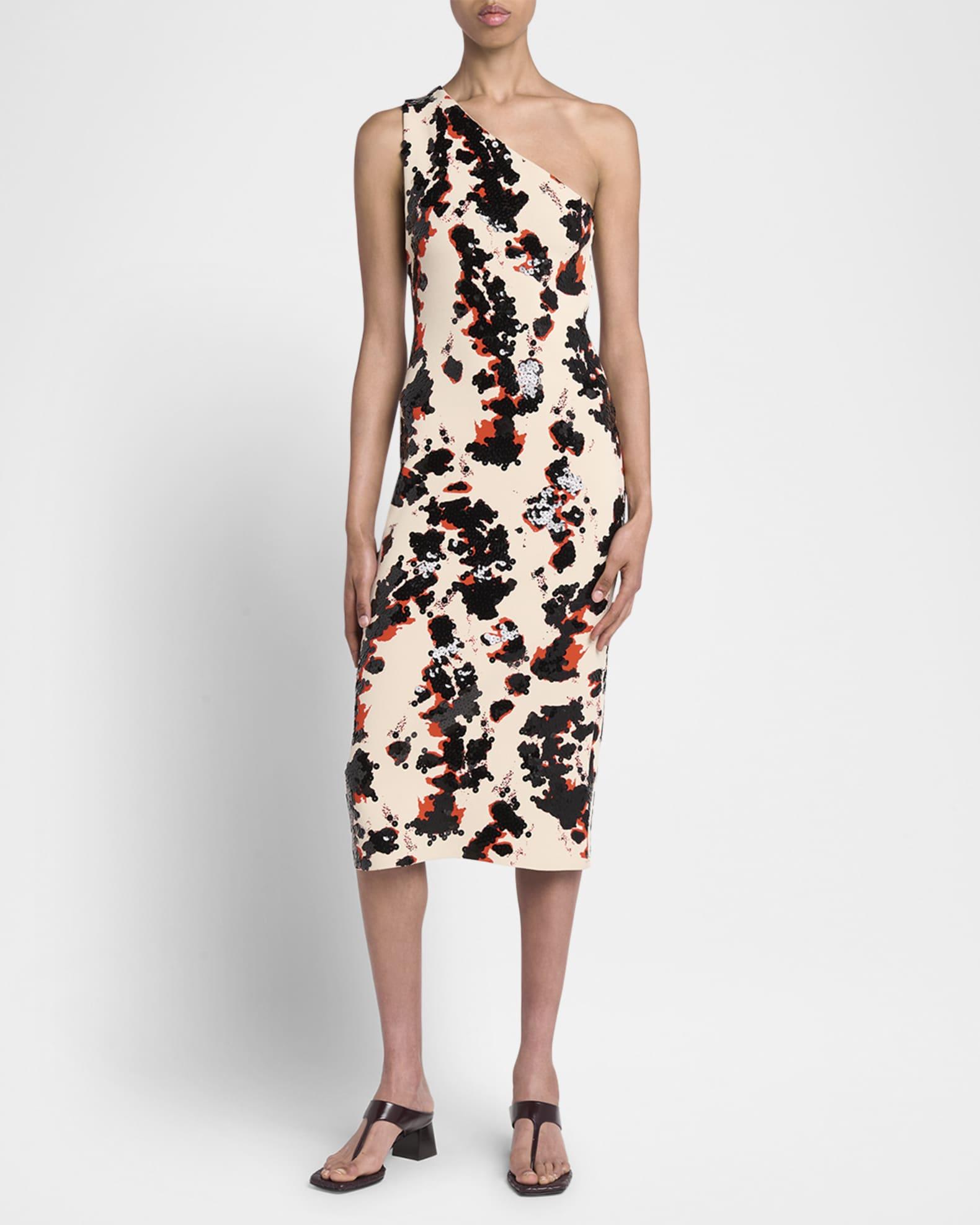 Printed One-Shoulder Sequined Compact Viscose Midi Dress Product Image
