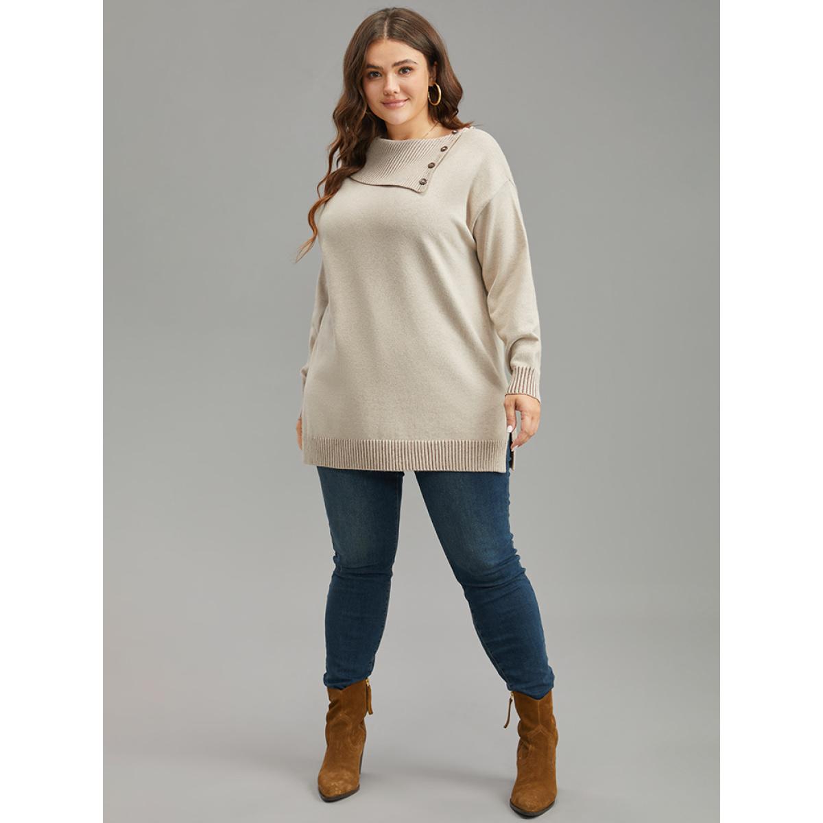 Plus Size Supersoft Essentials Asymmetrical Neck Button Detail Pullover LightBrown Women Leisure Loose Long Sleeve Asymmetrical Neck Casual Pullovers BloomChic 14-16/1X Product Image