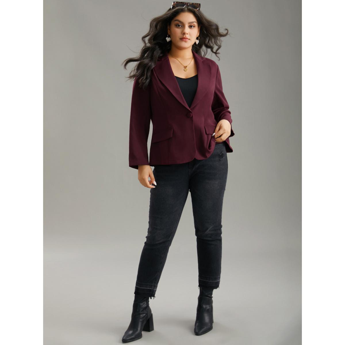 Plus Size Lapel Collar Plain Twill Button Up Blazer Burgundy Women Dailywear Plain Plain Sleeve Long Sleeve Lapel Collar 30/6X Elegant Blazers BloomChic Product Image