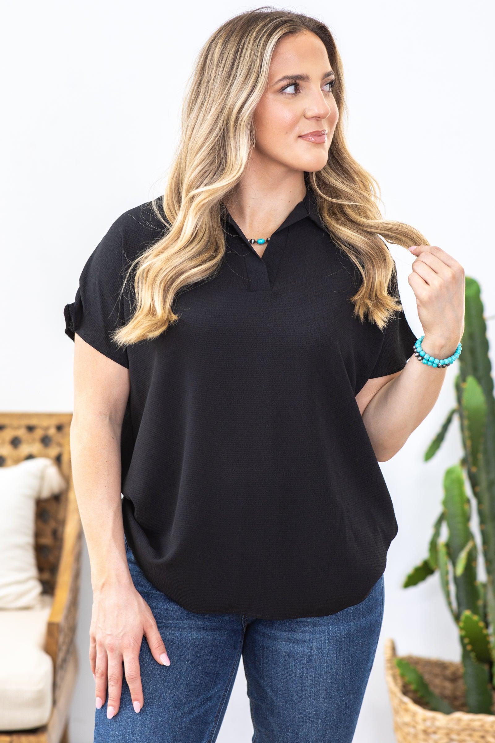 Black Wrinkle Free Top With Collar Product Image