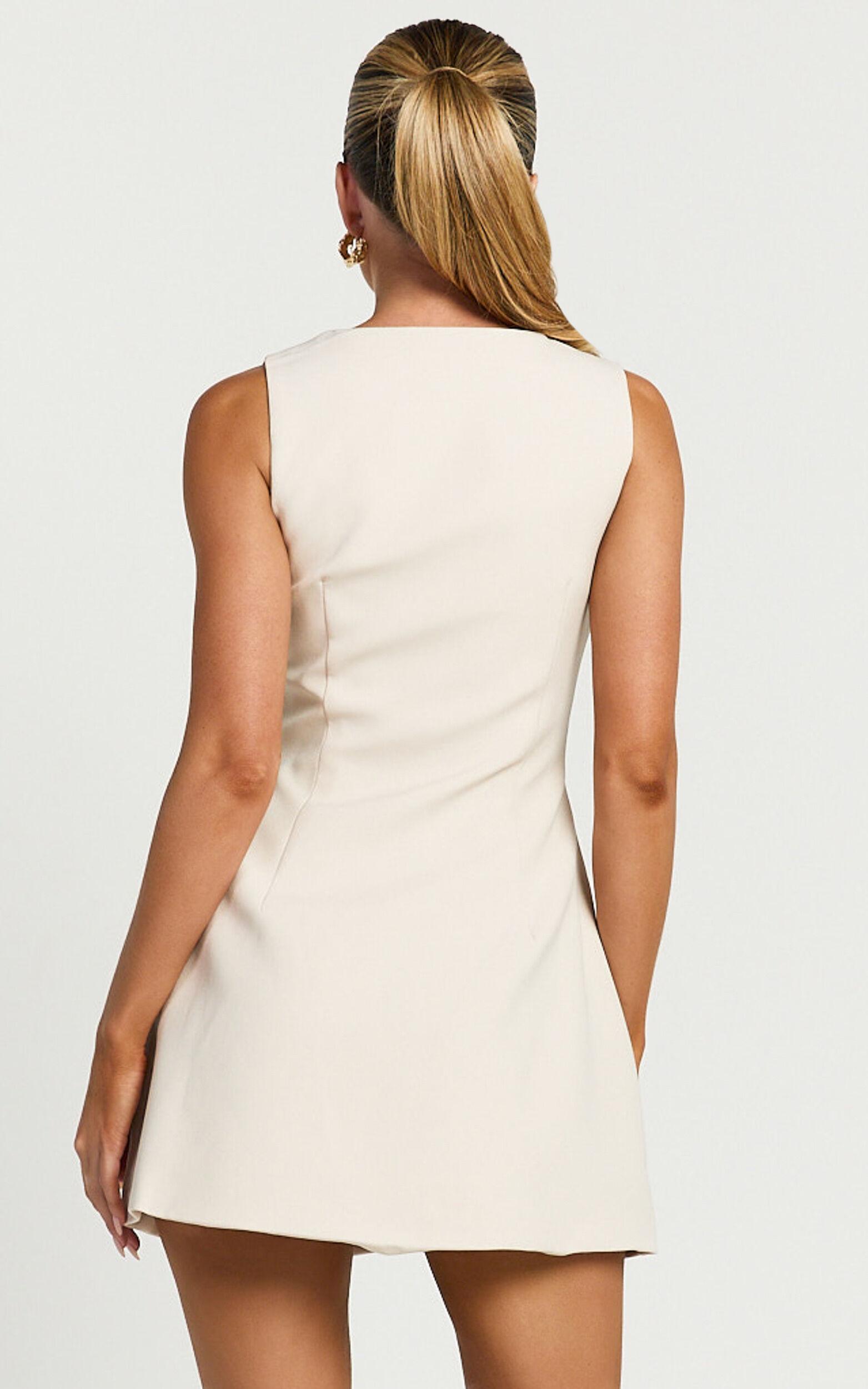 Abbey Mini Dress - Button Front V Neck Vest Dress in Oat Product Image