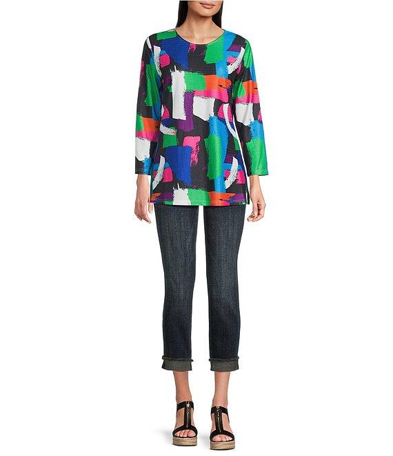 Calessa Knit Geometric Multi Print Scoop Neck Long Sleeve Tunic Product Image