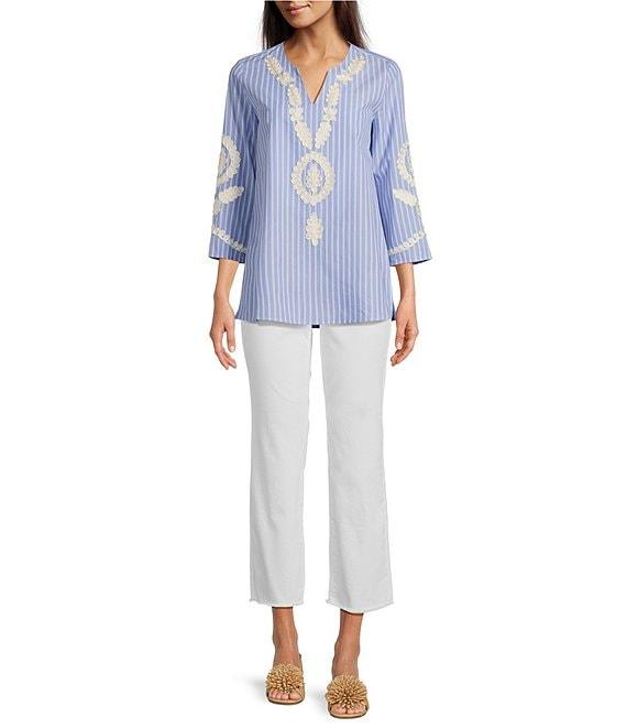 Calessa Petite Size Embroidered Patchwork Pinstripe Split V-Neck 3/4 Sleeve Tunic Product Image