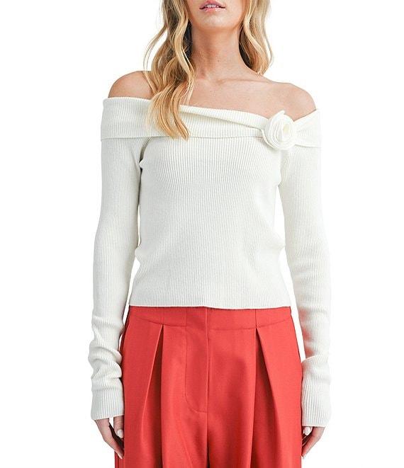 Sage The Label Off-The-Shoulder Neck Long Sleeve Rosette Sweater Top Product Image