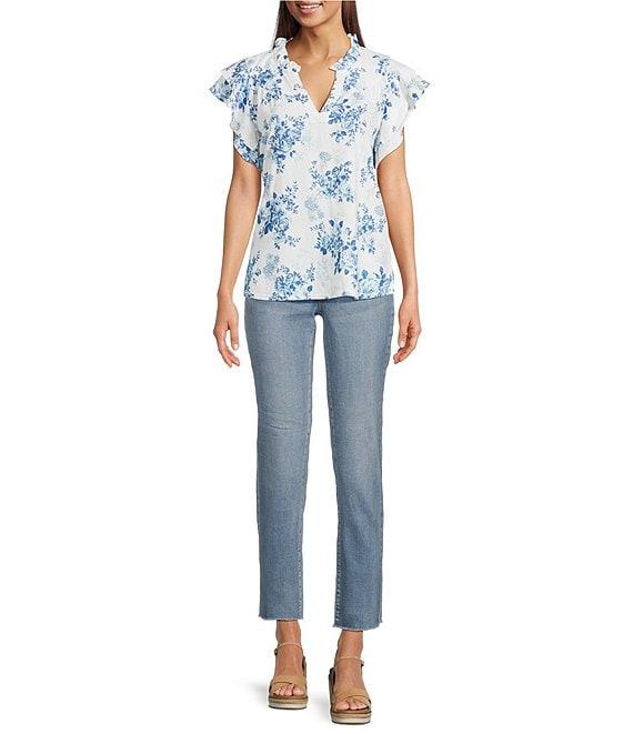 Tru Luxe Jeans Floral Linen Blend Ruffle Split V-Neck Flutter Sleeve Blouse Product Image