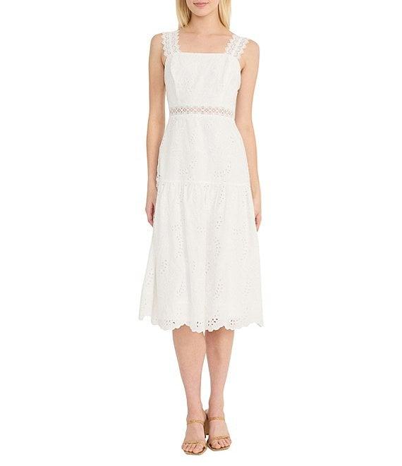 Donna Morgan Eyelet Square Neck Sleeve Lace Trim Blouson Midi Dress Product Image