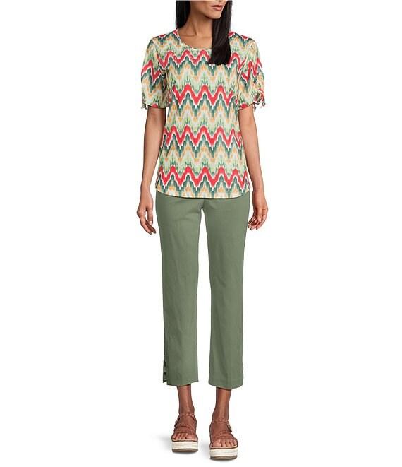 Allison Daley Serrated Ikat Print Short Ruched Tie Sleeve Crew Neck Slub Jersey Knit Top Product Image