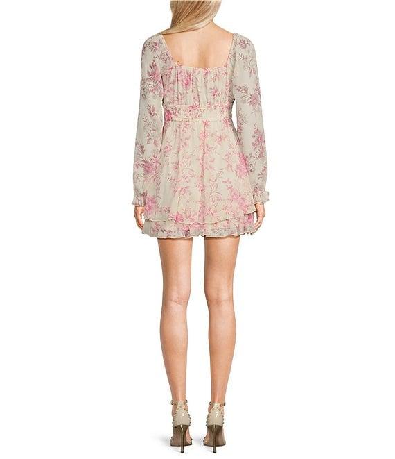 Allison & Kelly Chiffon Floral Print V-Neck Long Sleeve Dress Product Image