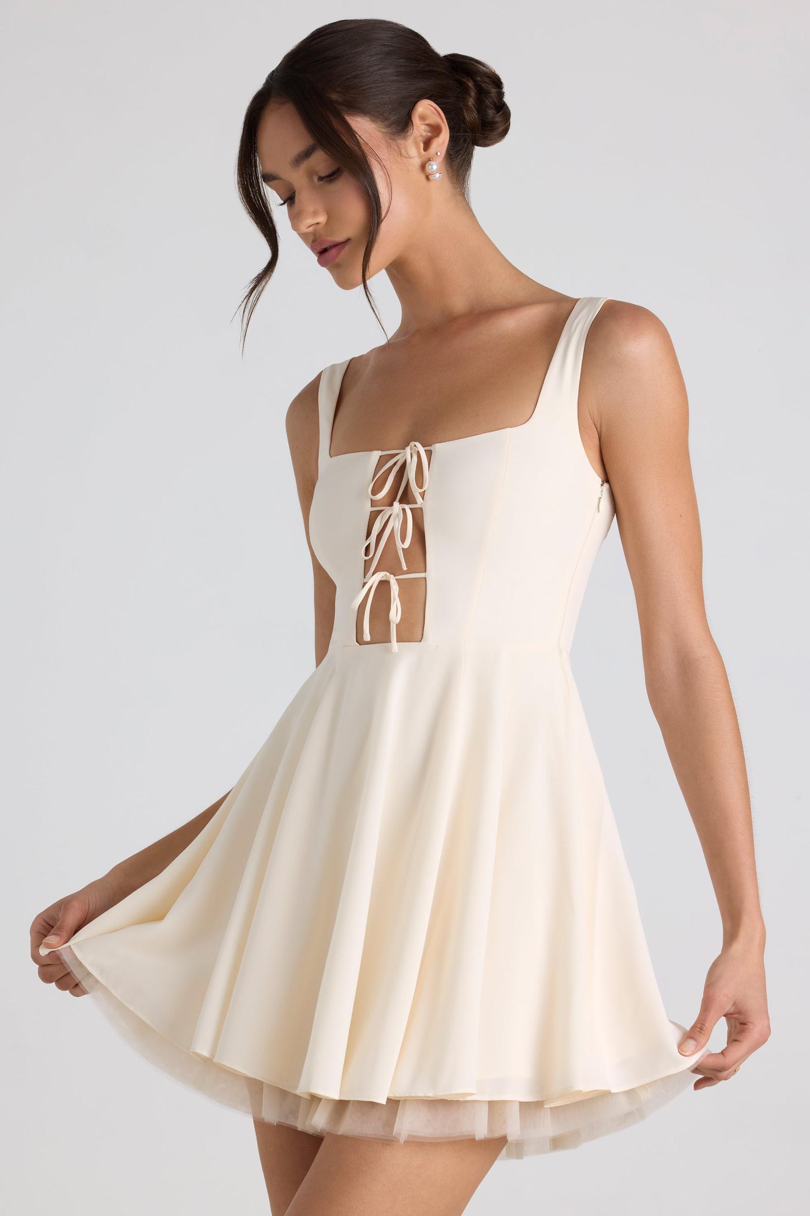 Tie-Detail A-Line Micro Mini Dress in Ivory Product Image
