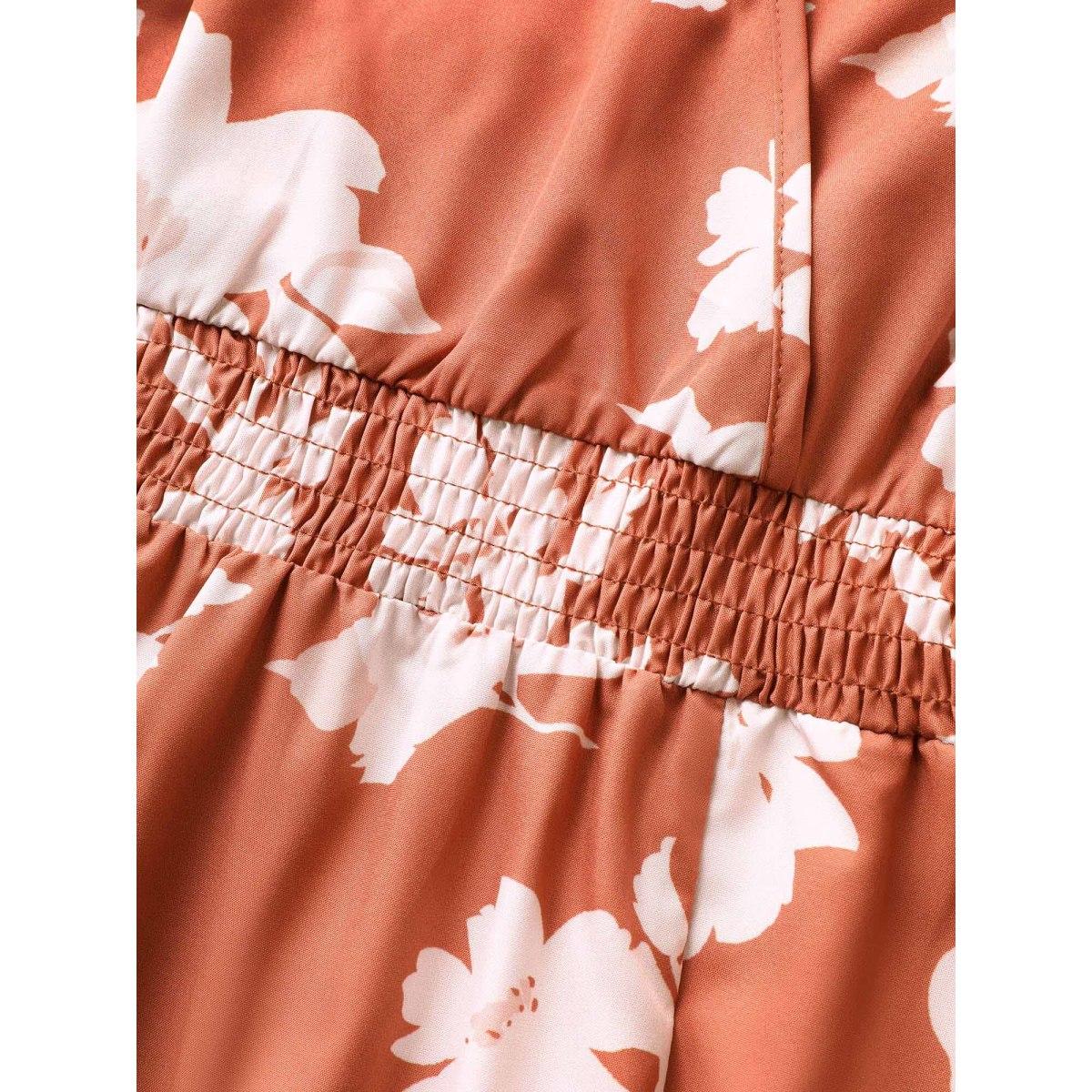 Plus Size Floral Print Wrap Shirred Split Front Dress OrangeRed Women Elegant Shirred V-neck Sleeveless Curvy Midi Dress BloomChic 30/6X Product Image