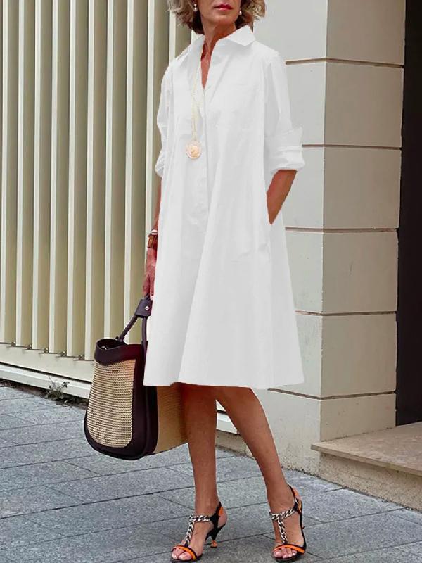 Simple Long Sleeves Solid Color Lapel Midi Dress Product Image