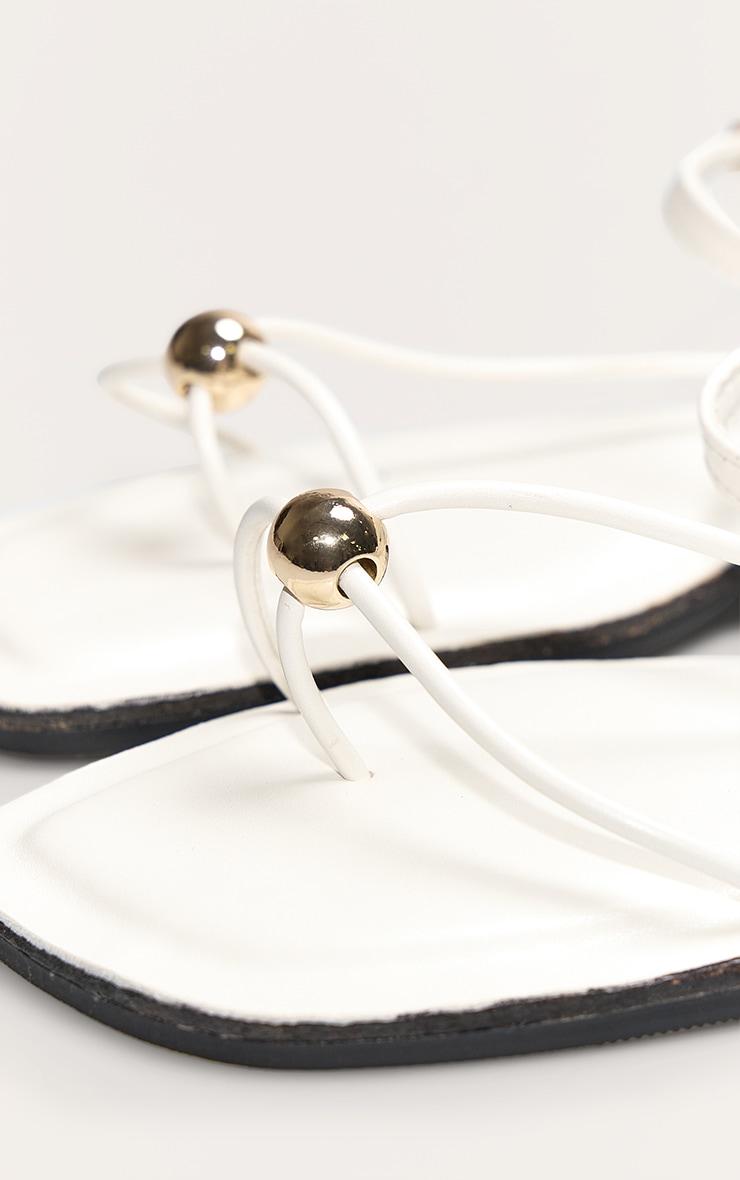 White Pu Square Toe Thong Gold Trim Flat Sandals Product Image