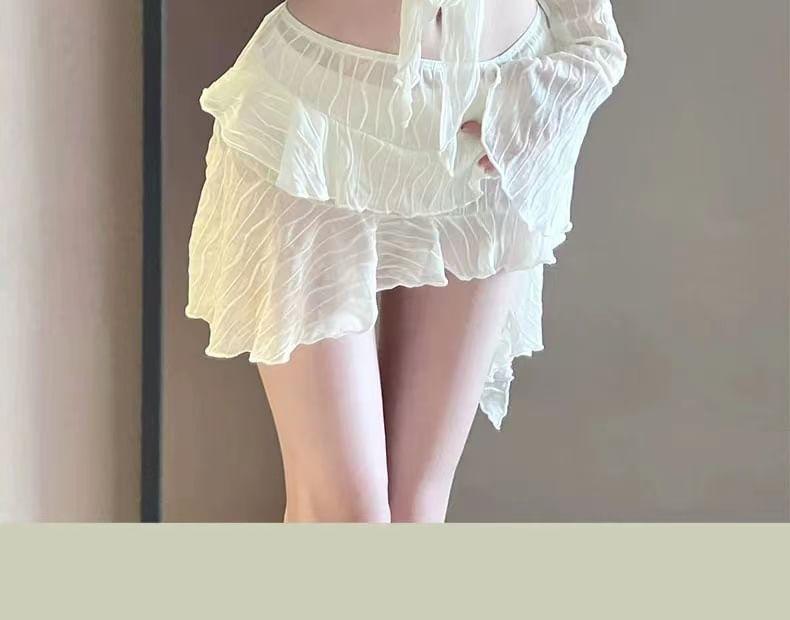 Set: Plain Shirred Bikini + Tie-Front Cover-Up + Skirt Product Image