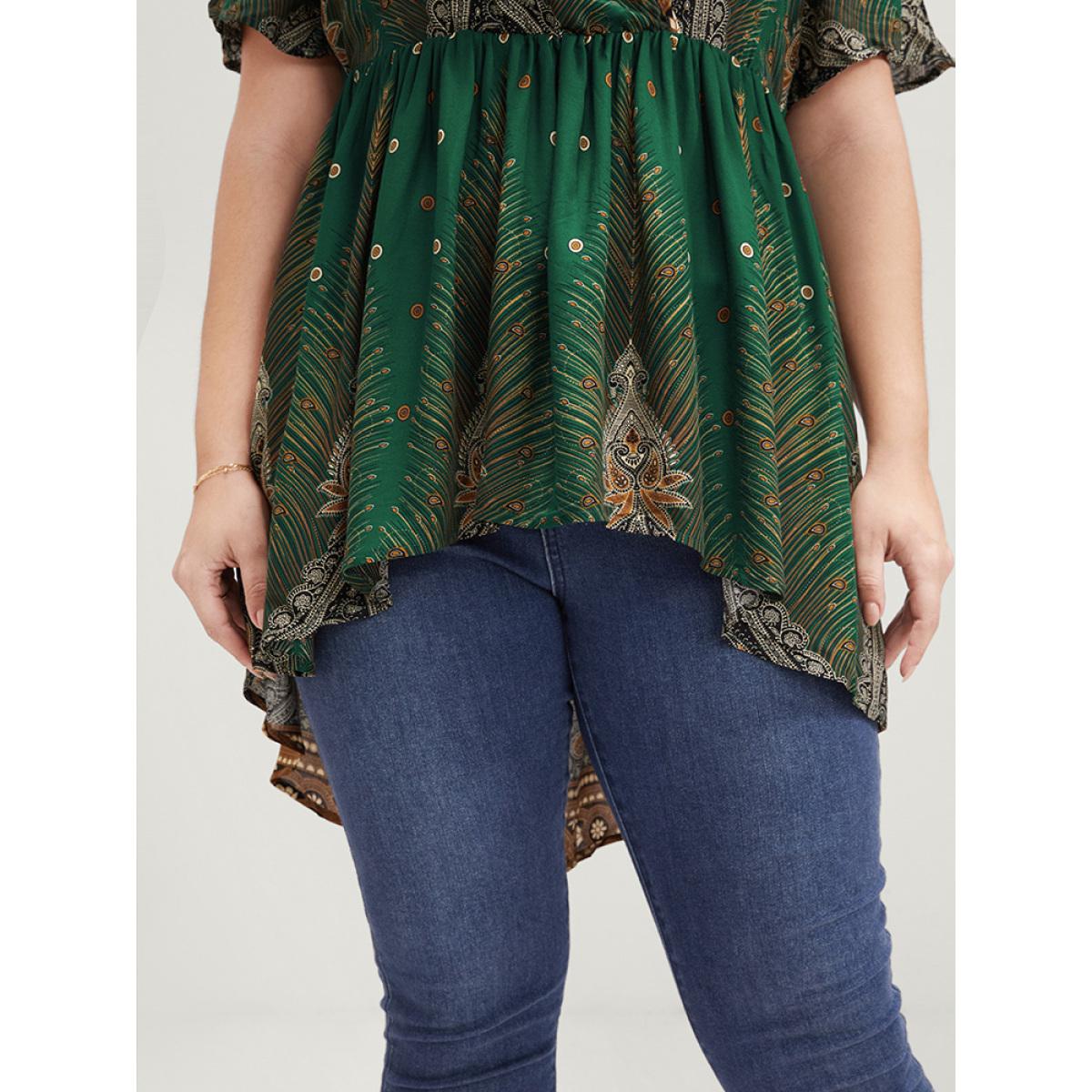 Plus Size Green Bandana High Low Hem Flutter Wrap Blouse Women Vacation Short sleeve V-neck Dailywear Blouses BloomChic 18-20/2X Product Image