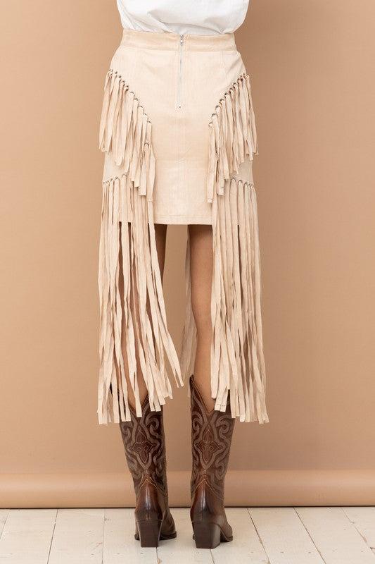 Colette Faux Suede Eyelet Long Fringe Mini Skirt Product Image
