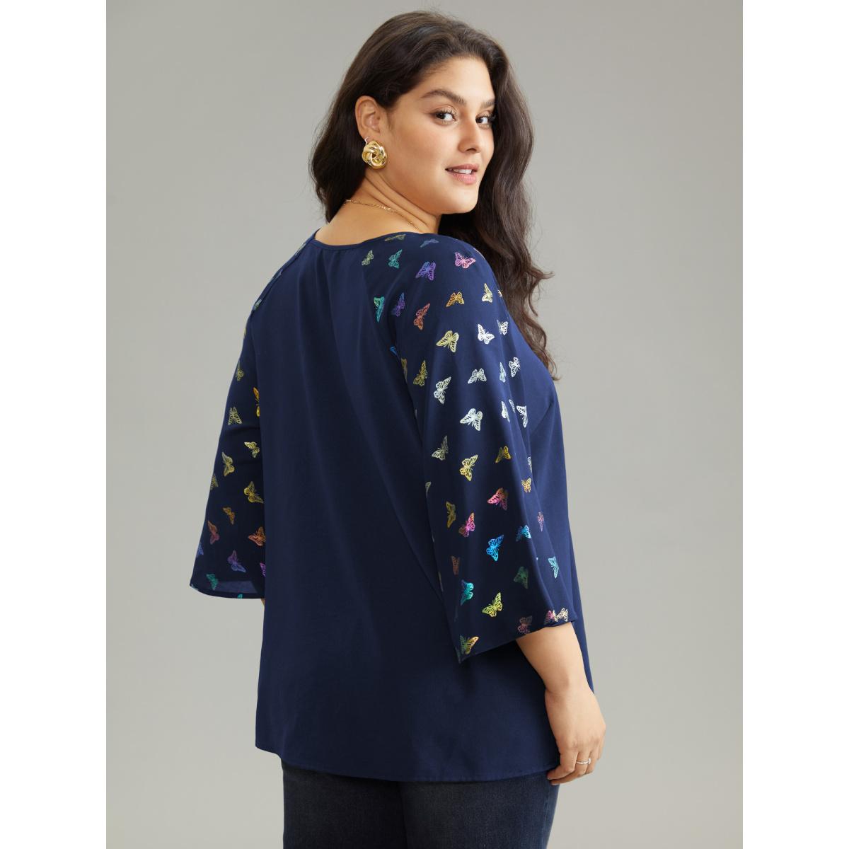 Plus Size Indigo Glitter Butterfly Flutter Raglan Sleeve Blouse Women Elegant Elbow-length sleeve V-neck Party Blouses BloomChic 18-20/2X Product Image