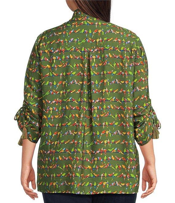 John Mark Plus Size Woven Parrot Print Wire Collar 3/4 Cinched Tie Sleeve Hi Low Hem Button Front Tunic Product Image