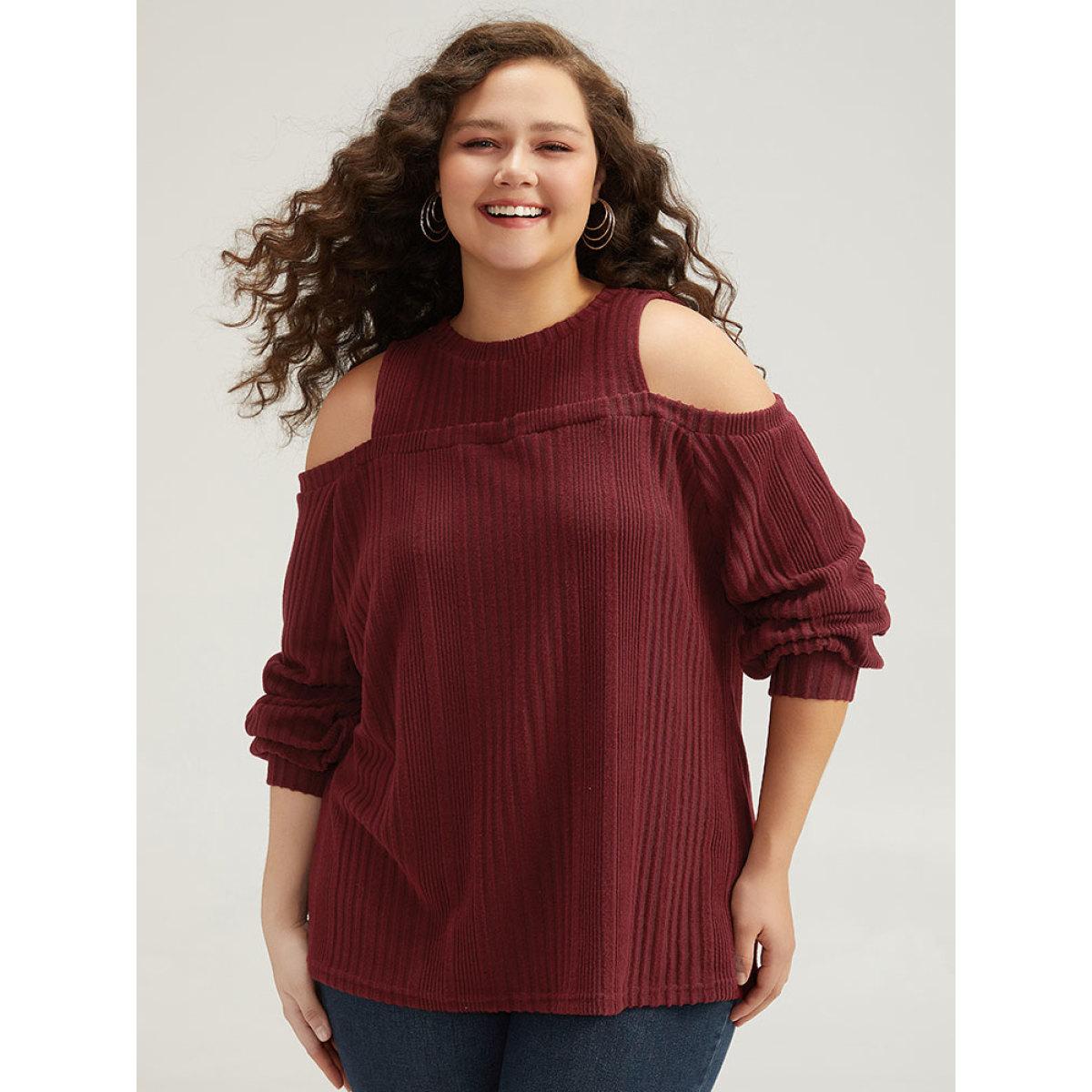 Plus Size Plain Rib Knit Elastic Cuffs Cold Shoulder Sweatshirt Women Scarlet Elegant Elastic cuffs Round Neck Dailywear Sweatshirts BloomChic 14-16/1X Product Image
