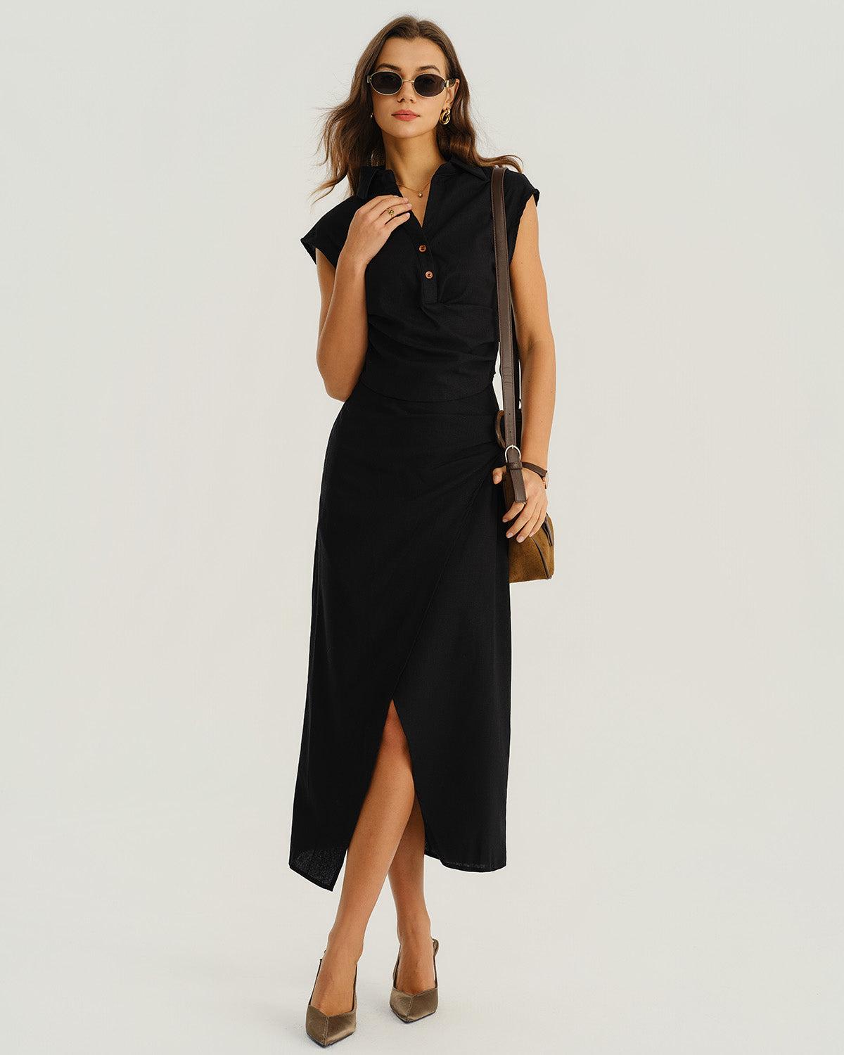 Black Natural Waisted Slit Midi Skirt Product Image