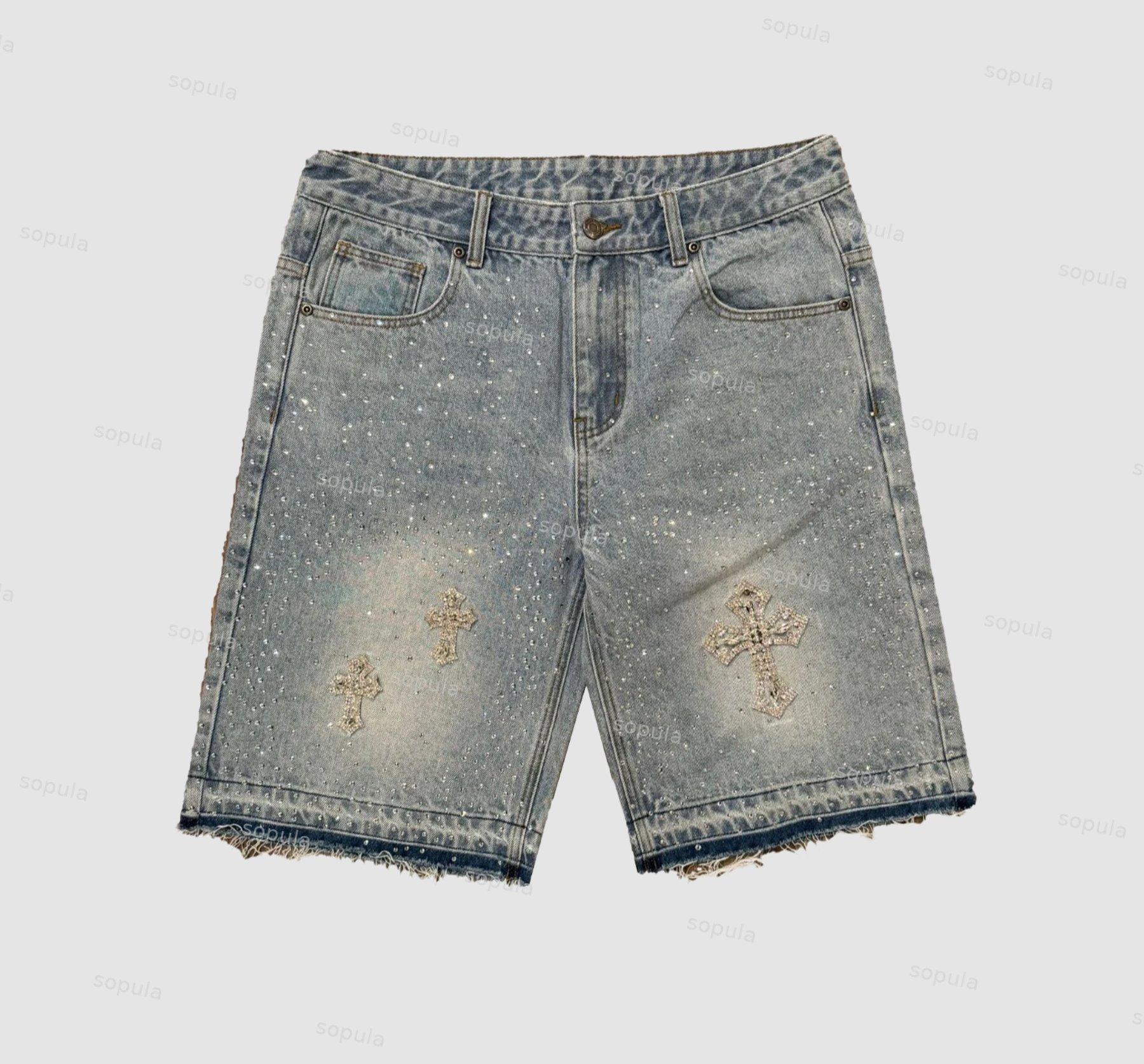 Hiphop Cross Hot Diamond Jorts Denim Shorts Product Image