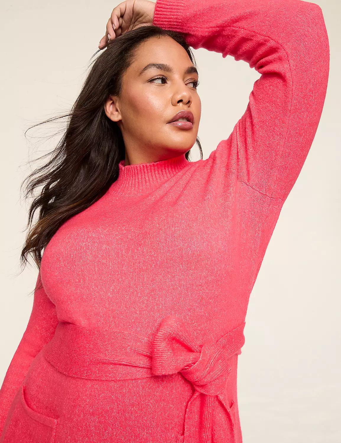 Mock-Neck Belted Midi Sweater Dress Product Image