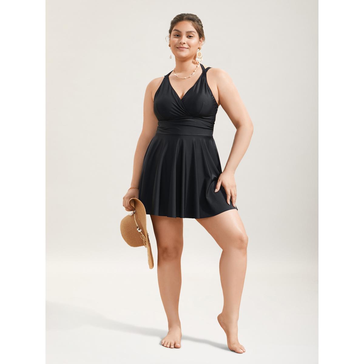 Plus Size Solid Ruffle Hem Empire Waist Halter Neck Swim Dress Women's Swimwear Indigo Resort Bodycon Halter neck High stretch Curve Swim Dresses BloomChic 18-20/2X Product Image