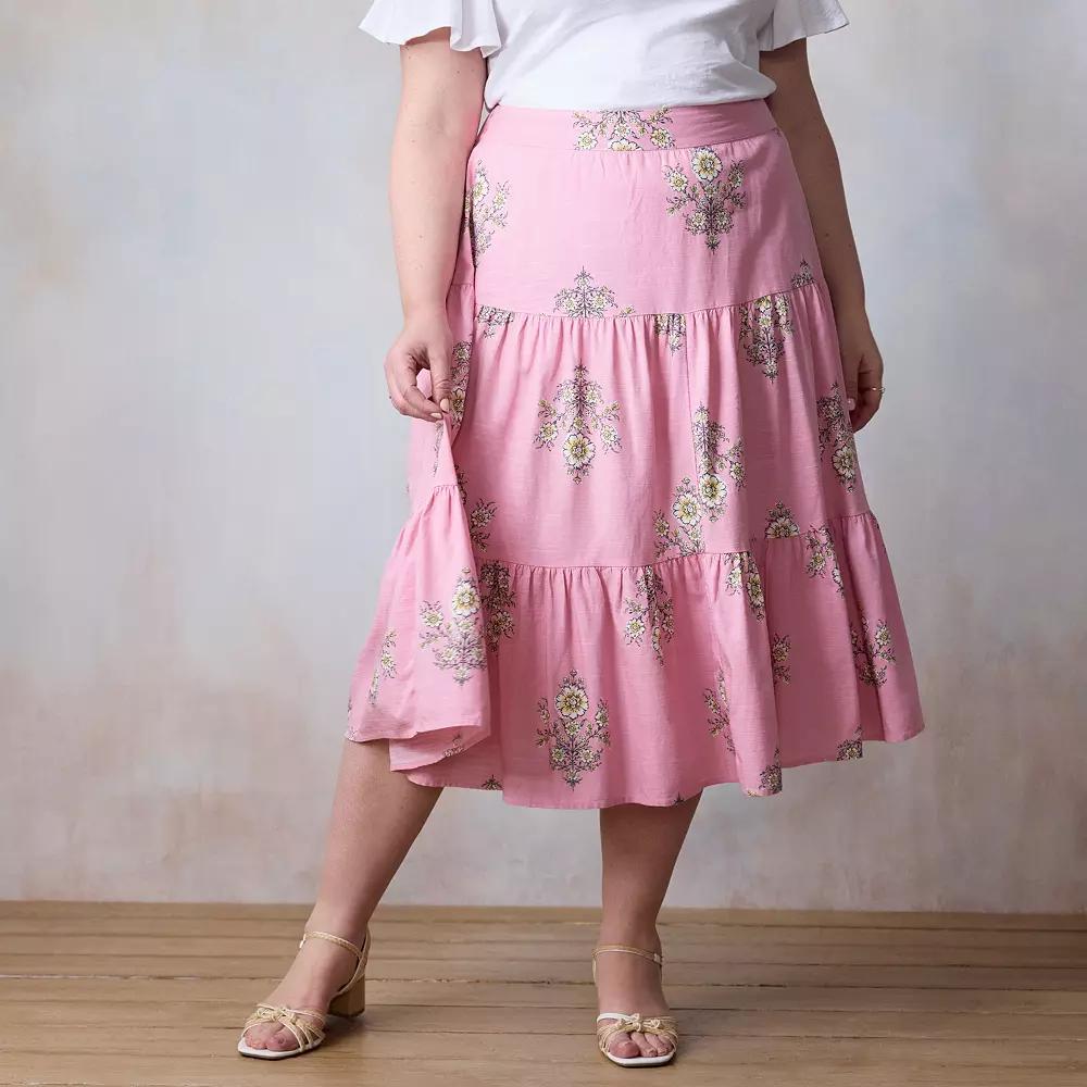 Plus Size LC Lauren Conrad Three Tier Midi Skirt, Women's, Size: 0X, Pink Lexi Wallpaper Product Image