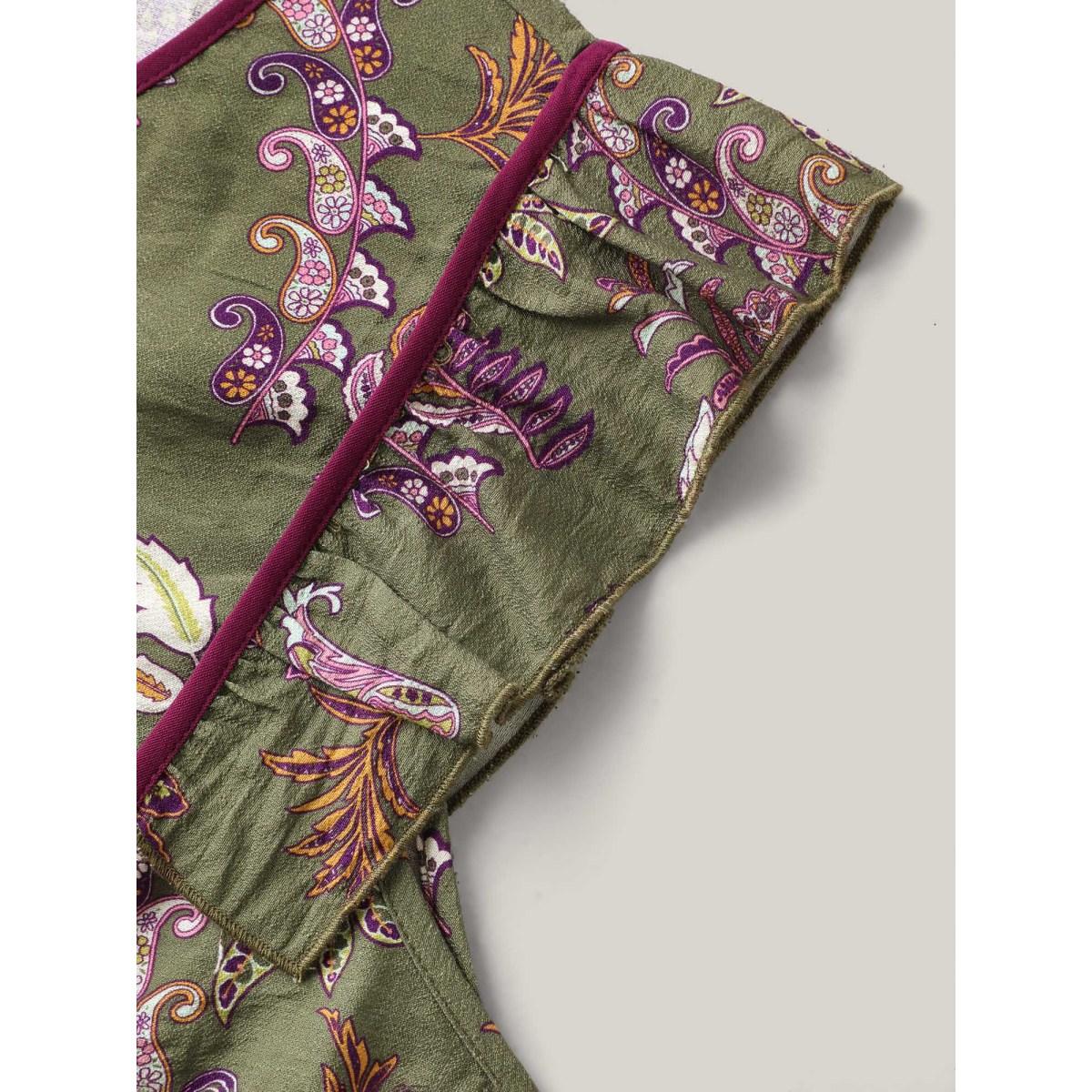 Plus Size Moss Paisley Print Color Contrast Flowy Blouse Women Boho Cap Sleeve Asymmetrical Neck Vacation Blouses BloomChic 10/M Product Image