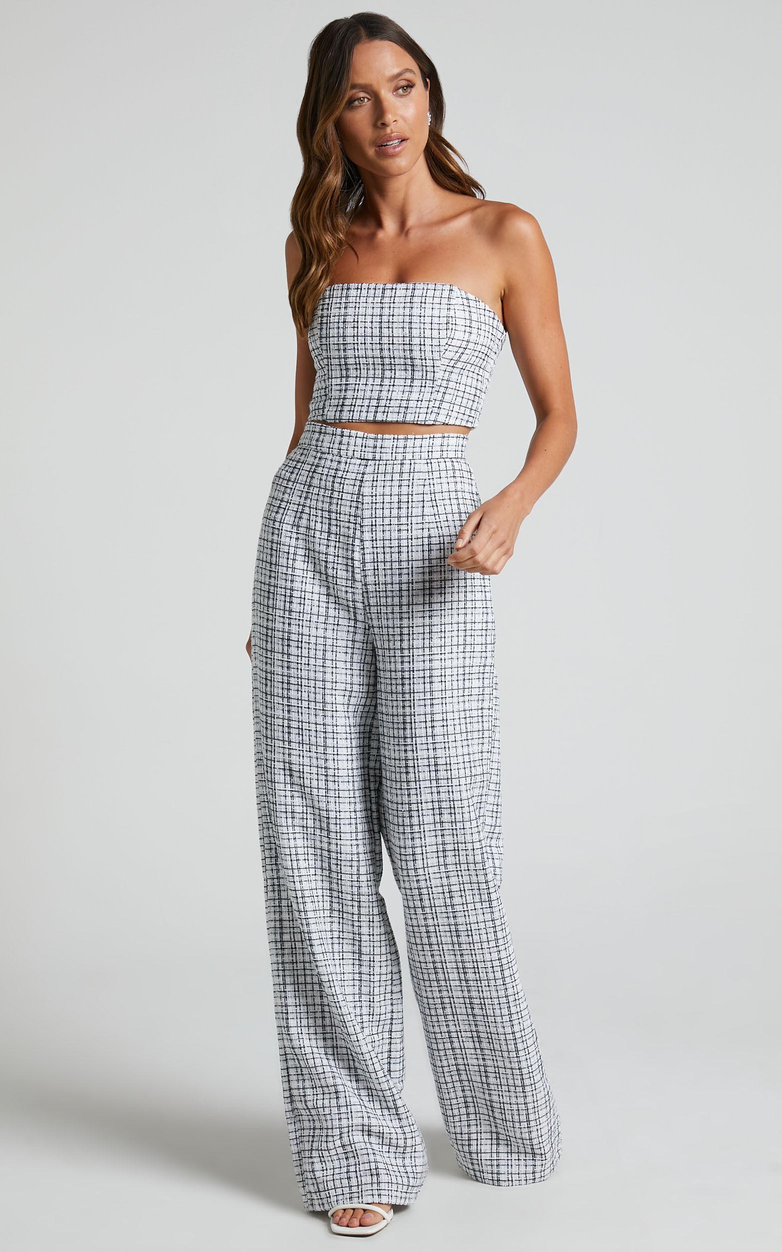 Icie Pants - High Waisted Tweed Wide Leg Pants in White & Black Product Image