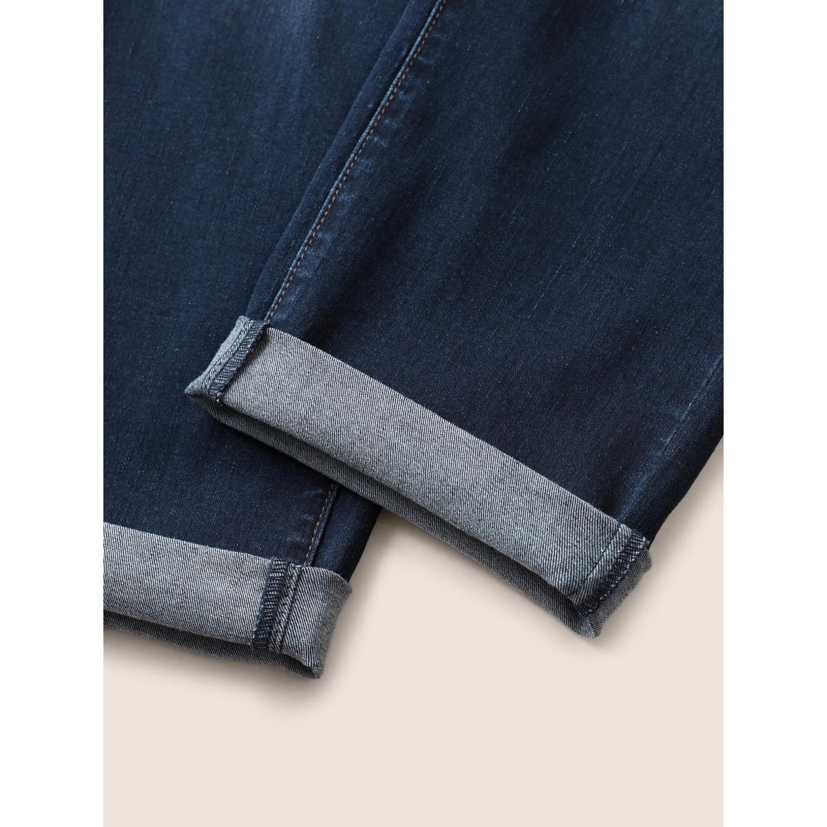 Plus Size Dark Wash Elastic Waist Roll Hem Jeans Women Midnight Casual Roll Hem High stretch Slanted pocket Jeans BloomChic 30/6X Product Image