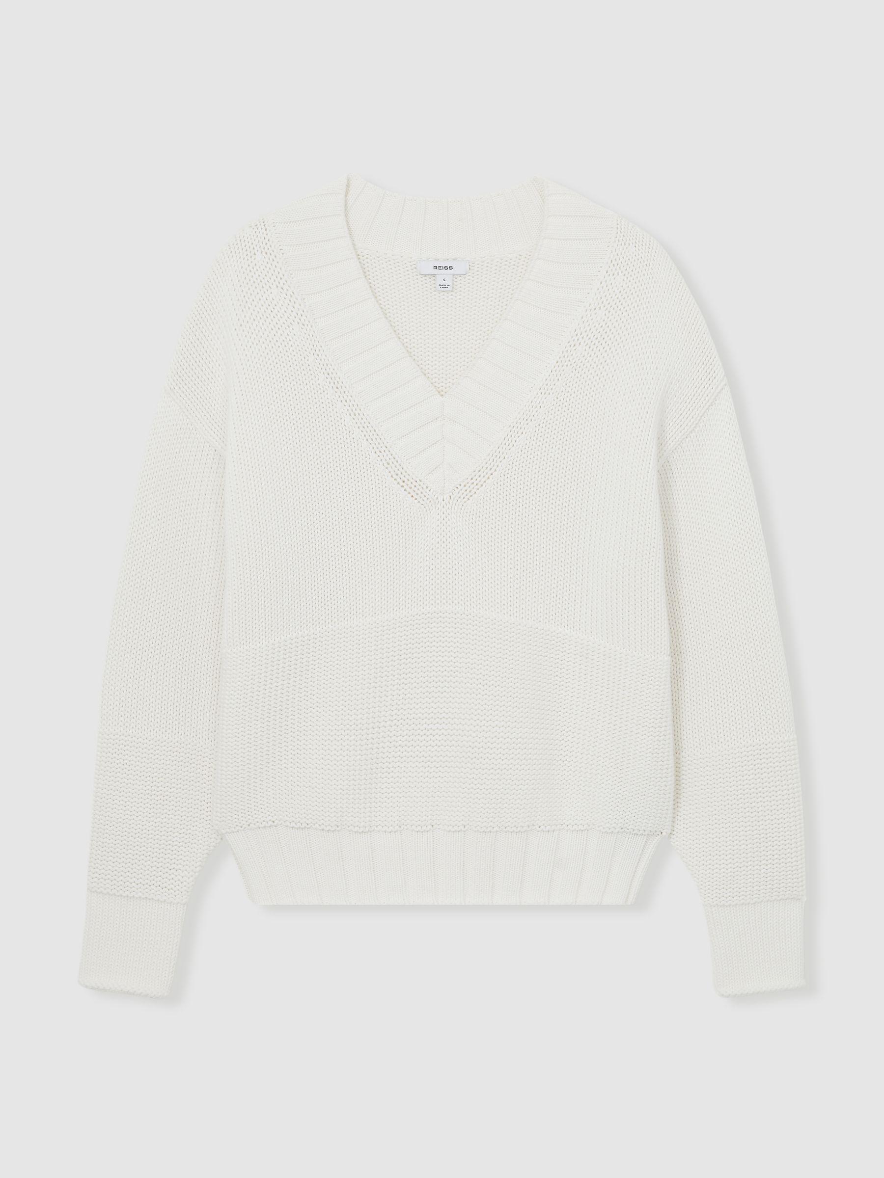 Cotton V-Neck Knit Jumper in White Product Image