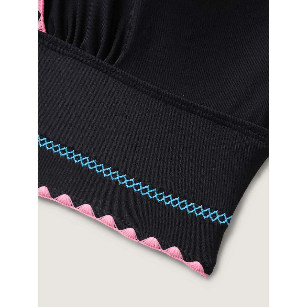 Plus Size Embroidered Color Contrast Swim Top Women's Swimwear Black Resort Contrast High stretch Skinny Overlap Collar Curve Swim Tops BloomChic 14-16/1X Product Image