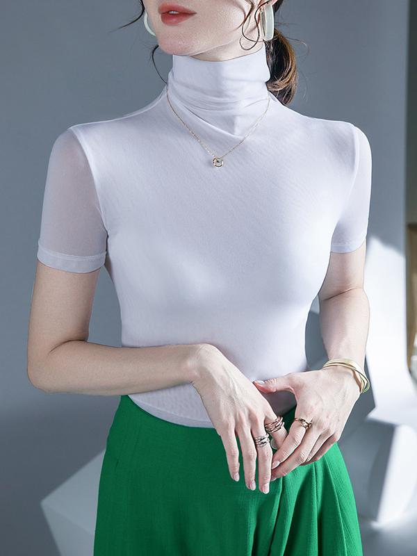 Half Sleeves Skinny Solid Color High Neck T-Shirts Tops Product Image