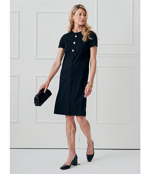 J.McLaughlin Florence Knit Round Neck Short Sleeve Button Front Scallop A-Line Dress Product Image