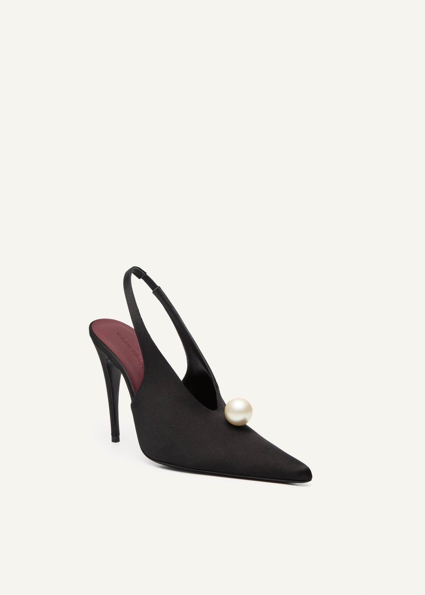Pearl slingback pointed heel in black satin Product Image