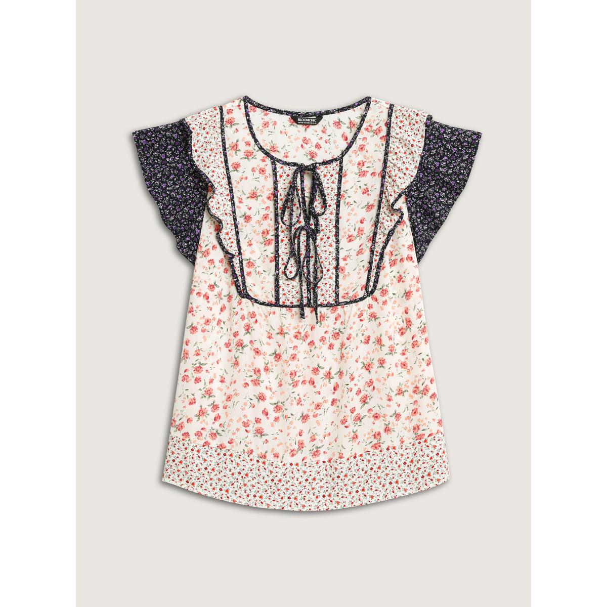 Plus Size Multicolor Floral Panel Ruffled Sleeve Blouse Women Romantic Cap Sleeve V-neck Elegant Blouses BloomChic 10/M Product Image