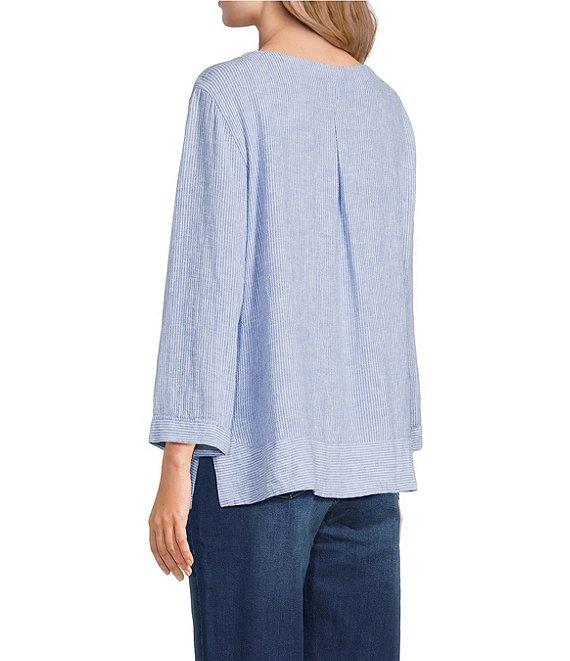 Ali Miles Woven Coordinating Yarn-Dye Stripe Round Neck 3/4 Cuffed Sleeve Button Front Placket Top Product Image
