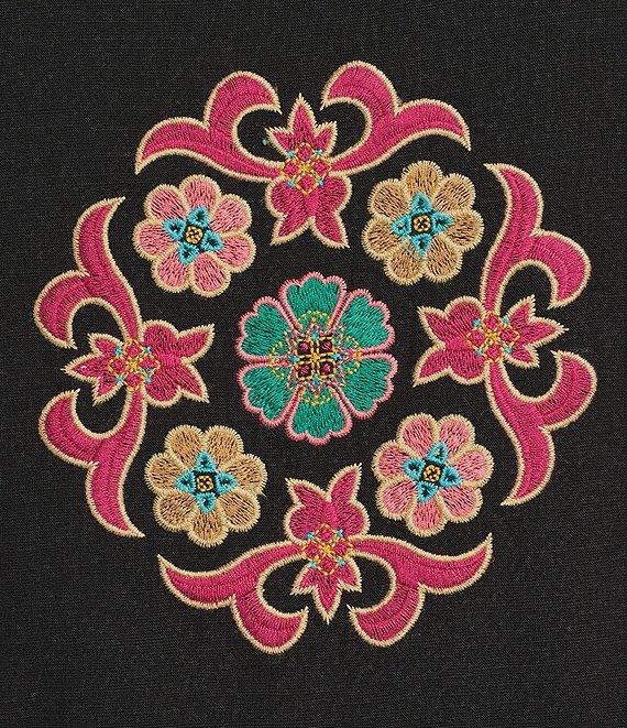 Calessa Petite Size Floral Tie-Dye Embordered Split Neck Tassel Tie Long Sleeve Tunic Product Image