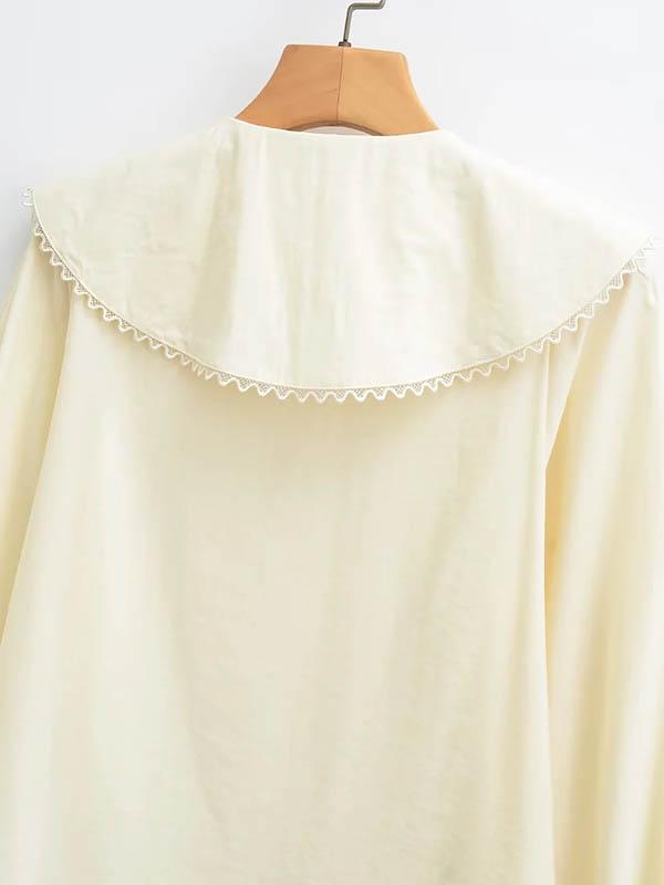 Loose Puff Sleeves Pleated See-Through Solid Color Split-Joint Peter Pan Collar Blouses&Shirts Tops Product Image
