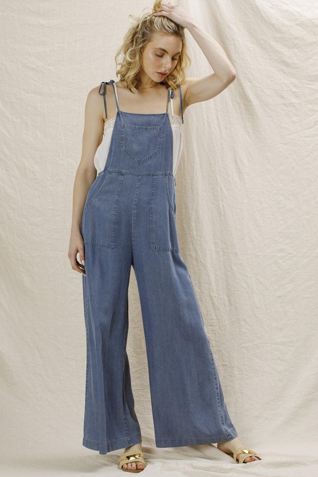 Tie Shoulder Soft Denim Jumpsuit Product Image